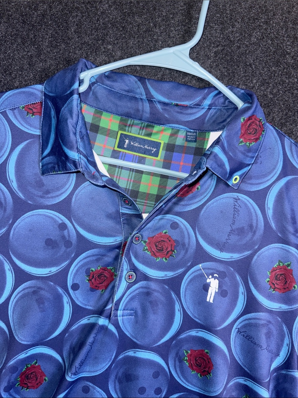 William Murray Golf Mens Blue Bowling Ball Rose Print Polo Shirt Medium
